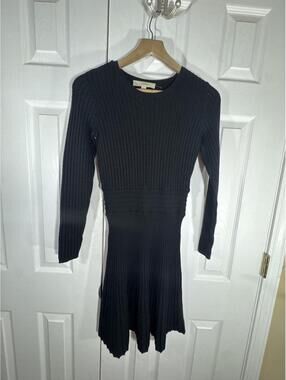 LOFT Black Ribbed Knit Long Sleeve Fit-and-Flare Dress Size XS